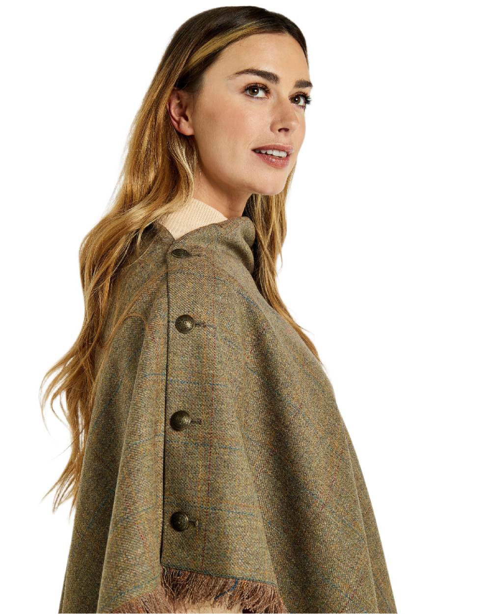 Burren Coloured Dubarry Hazelwood Tweed Poncho on white background 