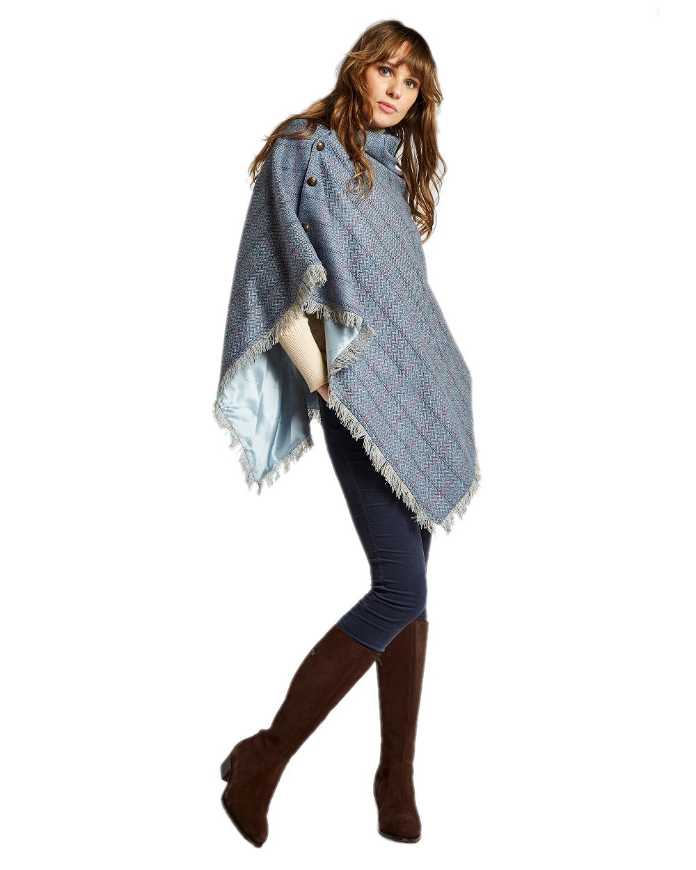 Denim Haze Coloured Dubarry Hazelwood Tweed Poncho on white background 