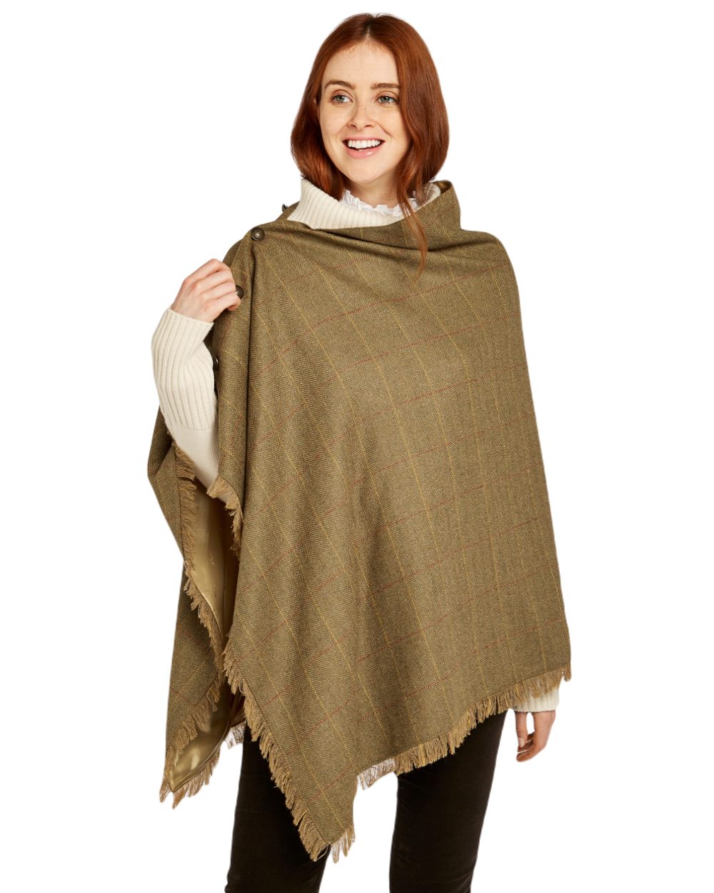 Elm Coloured Dubarry Hazelwood Tweed Poncho on white background 