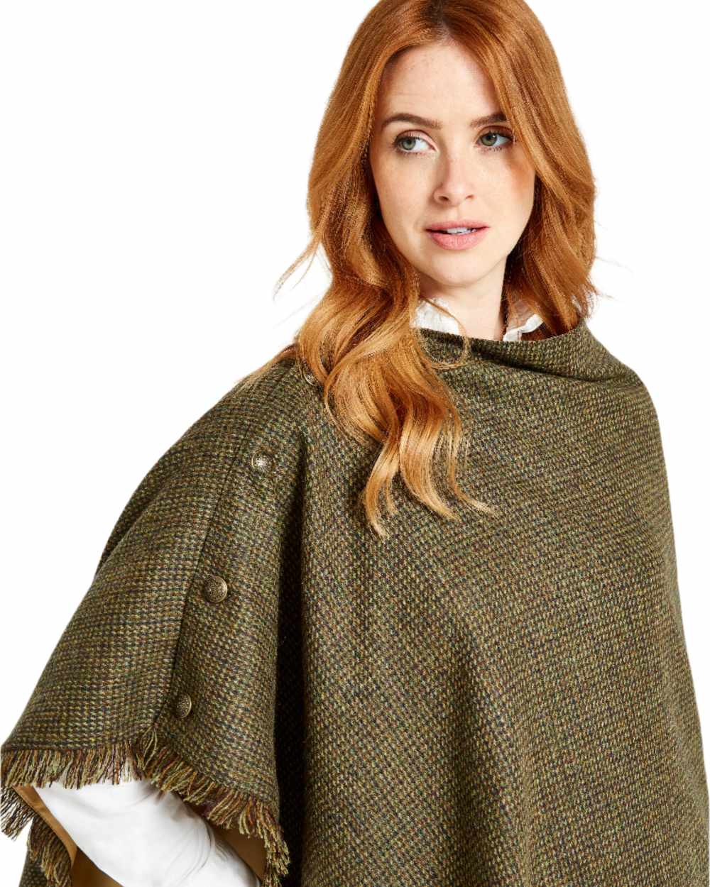 Heath Coloured Dubarry Hazelwood Tweed Poncho on white background 