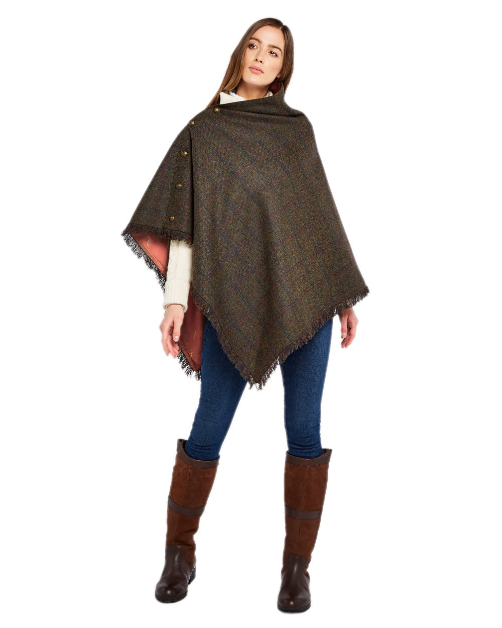 Hemlock Coloured Dubarry Hazelwood Tweed Poncho on white background 