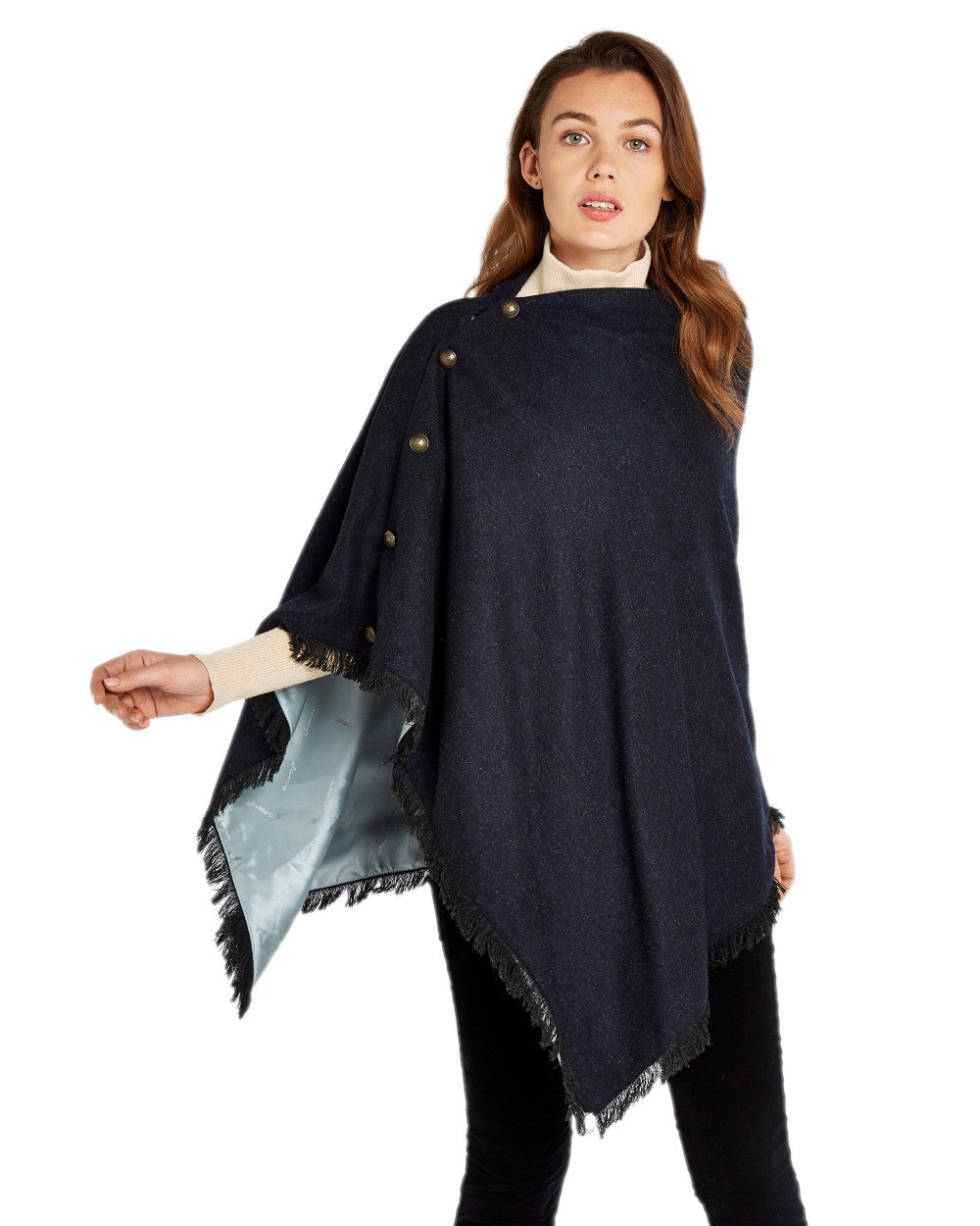 Navy Coloured Dubarry Hazelwood Tweed Poncho on white background 