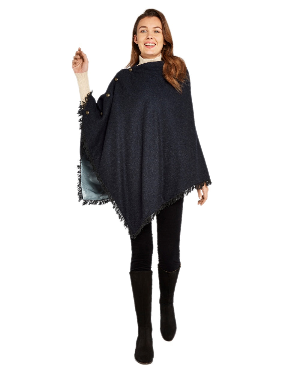 Navy Coloured Dubarry Hazelwood Tweed Poncho on white background 