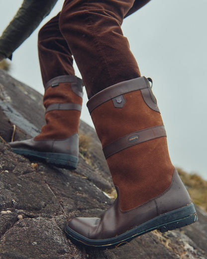 Walnut coloured Dubarry Kildare Country Boots on rock background 