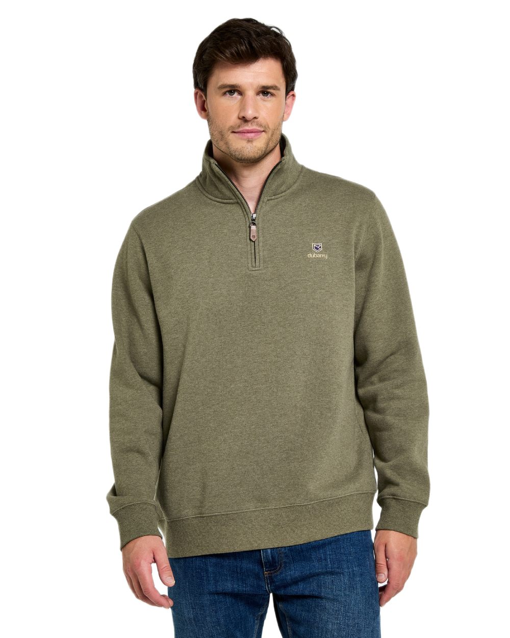 Kelp coloured Dubarry Mens Boyce Zip Neck Sweater on white background 