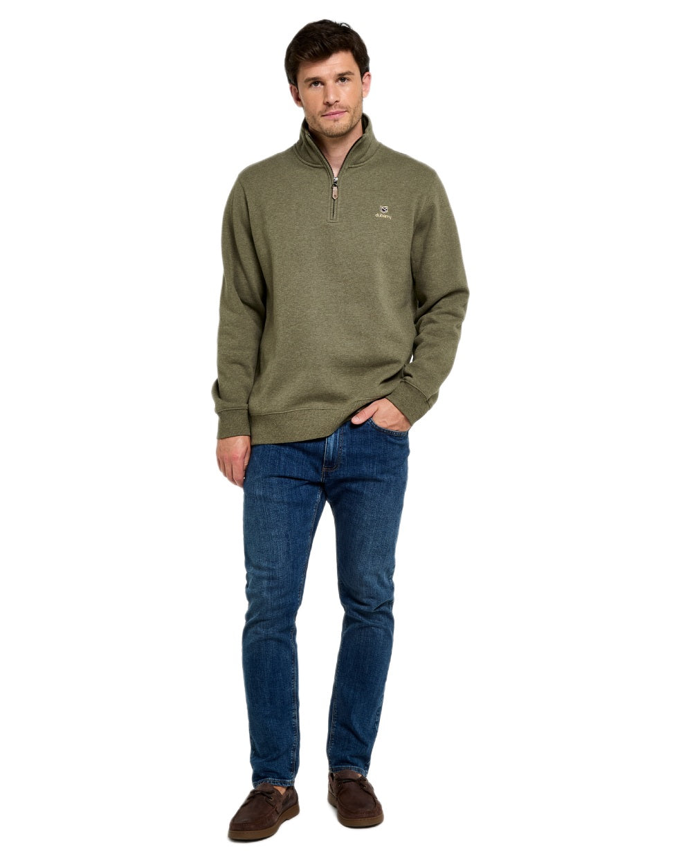 Kelp coloured Dubarry Mens Boyce Zip Neck Sweater on white background 