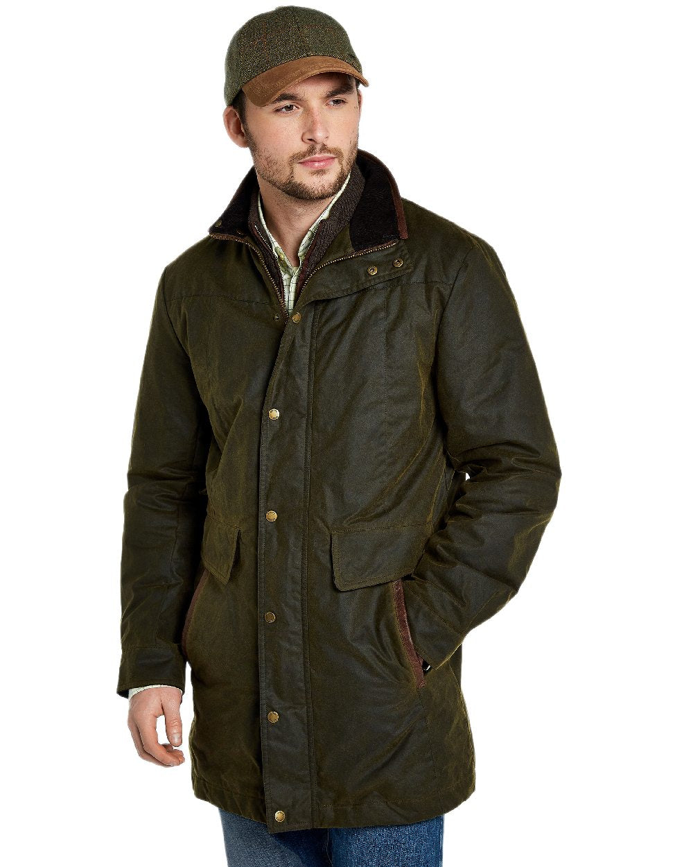 Olive Coloured Dubarry Mens Chalkhill Wax Jacket on white background 