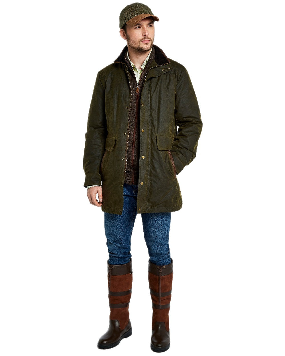 Olive Coloured Dubarry Mens Chalkhill Wax Jacket on white background 