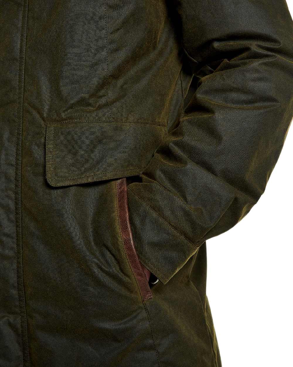 Olive Coloured Dubarry Mens Chalkhill Wax Jacket on white background 