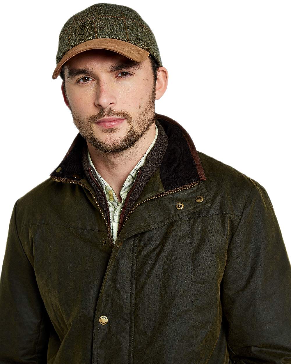 Olive Coloured Dubarry Mens Chalkhill Wax Jacket on white background 
