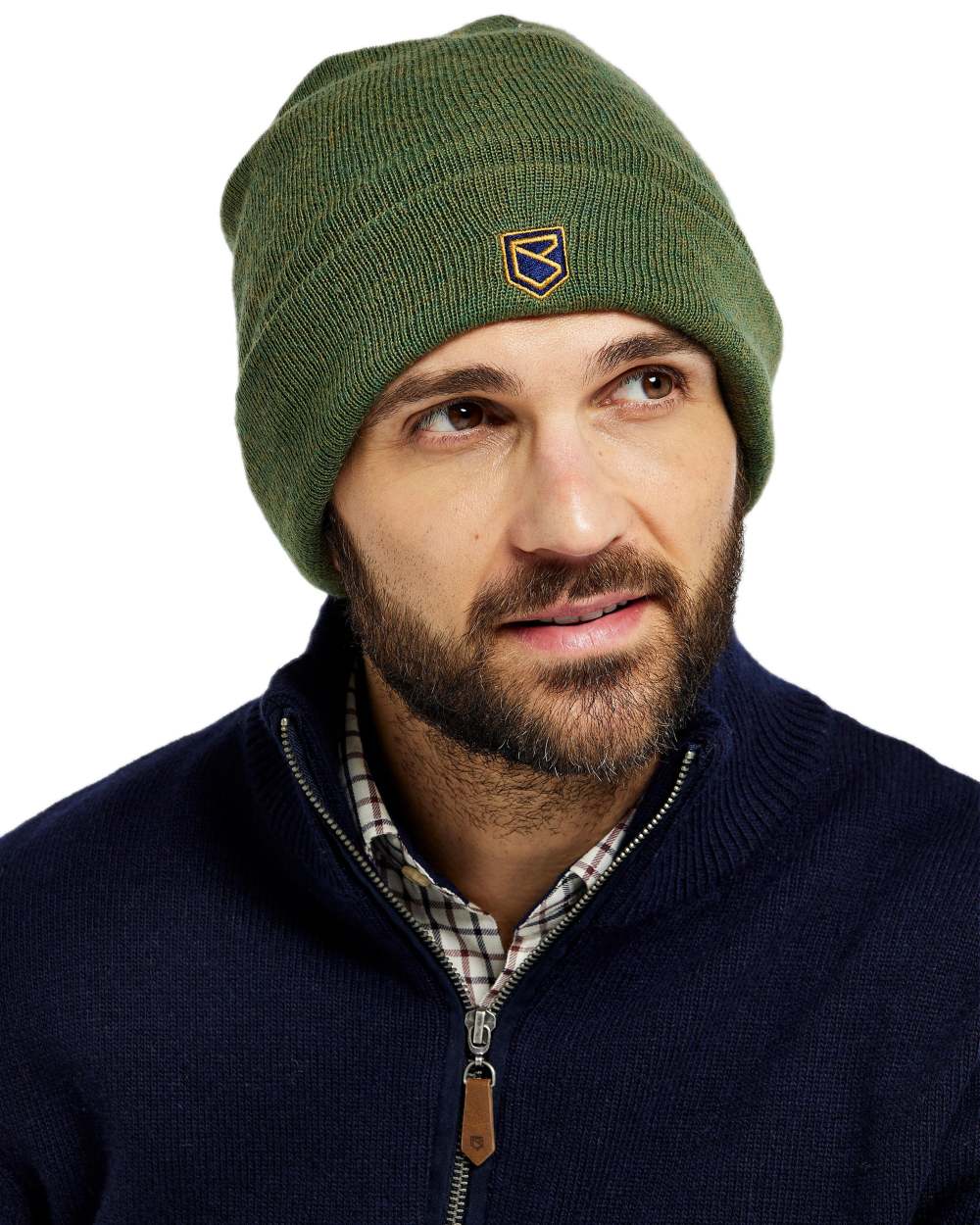 Olive Coloured Dubarry Mens Clonmellon Knitted Beanie on white background 