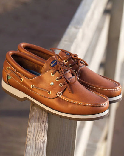 Brown coloured Dubarry Mens Commander Deck Shoes on blurry background 