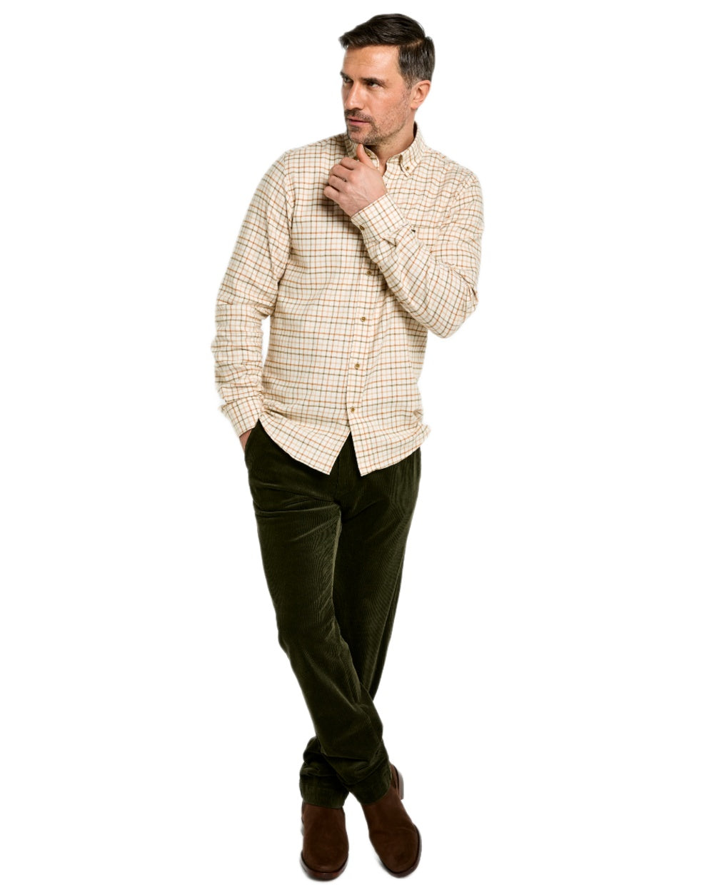 Ochre coloured Dubarry Mens Corrib Tattersall Check Shirt on white background 