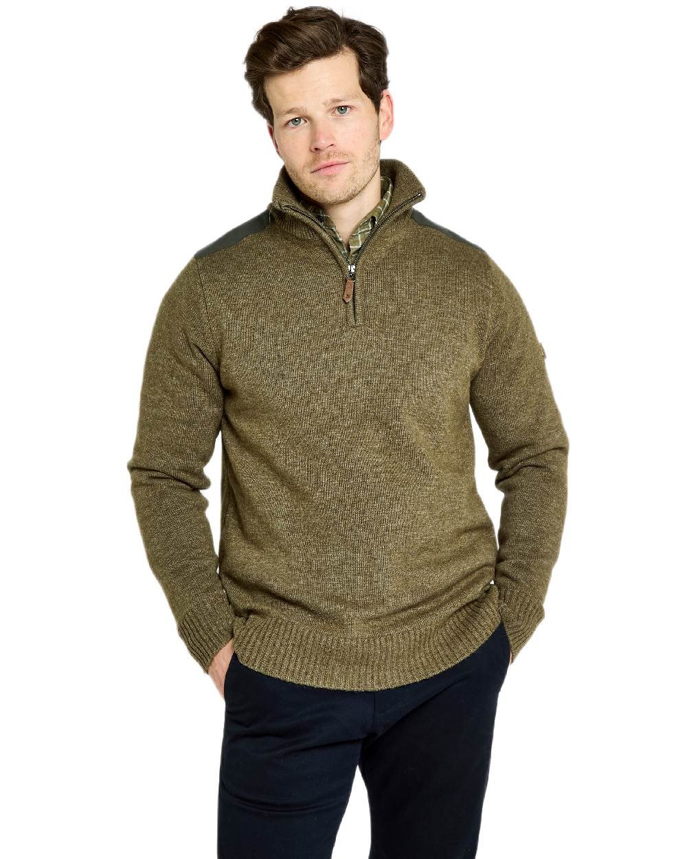 Dusky Green Coloured Dubarry Mens Doherty Zip Neck Sweater on white background 