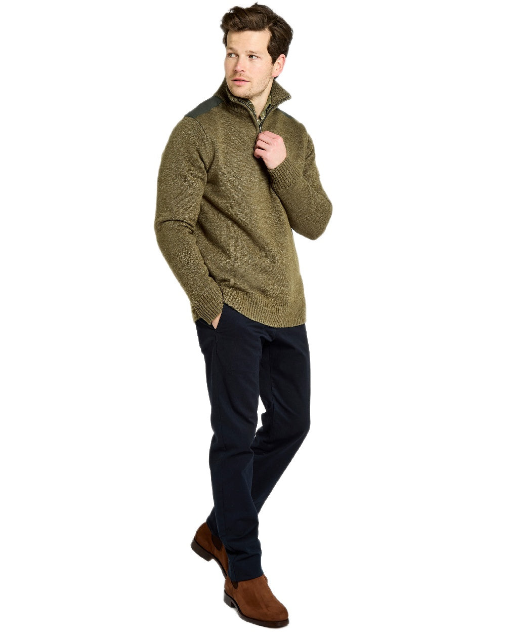 Dusky Green Coloured Dubarry Mens Doherty Zip Neck Sweater on white background 