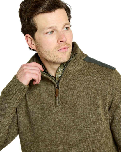 Dusky Green Coloured Dubarry Mens Doherty Zip Neck Sweater on white background 