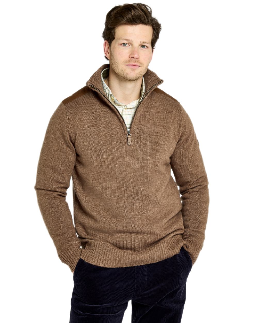 Elk Coloured Dubarry Mens Doherty Zip Neck Sweater on white background 