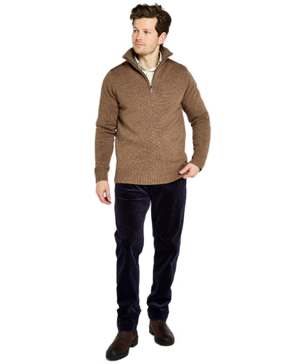 Elk Coloured Dubarry Mens Doherty Zip Neck Sweater on white background 