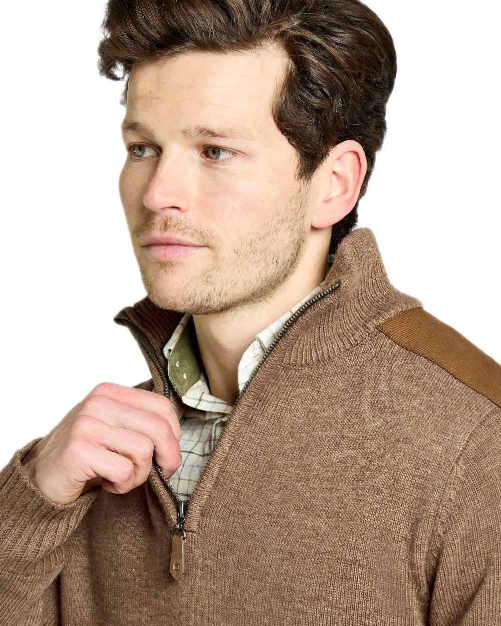 Elk Coloured Dubarry Mens Doherty Zip Neck Sweater on white background 