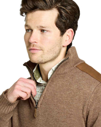 Elk Coloured Dubarry Mens Doherty Zip Neck Sweater on white background 