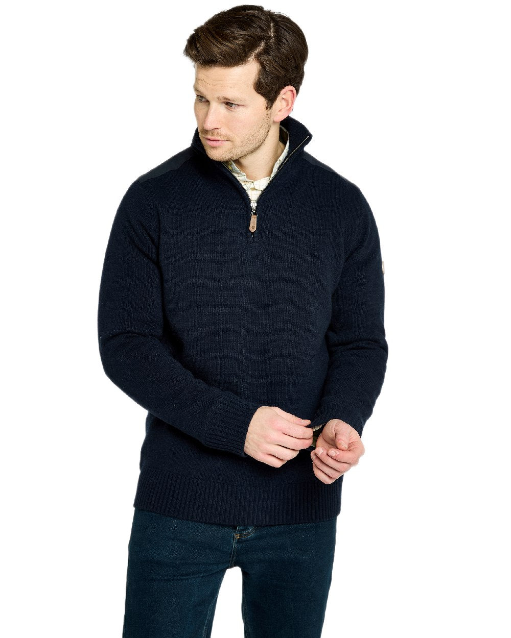 Navy Coloured Dubarry Mens Doherty Zip Neck Sweater on white background 