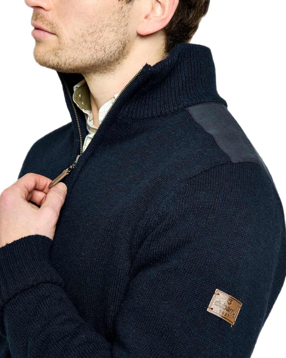 Navy Coloured Dubarry Mens Doherty Zip Neck Sweater on white background 