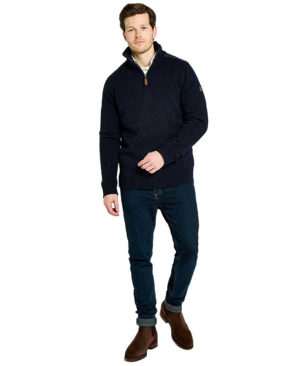 Navy Coloured Dubarry Mens Doherty Zip Neck Sweater on white background 