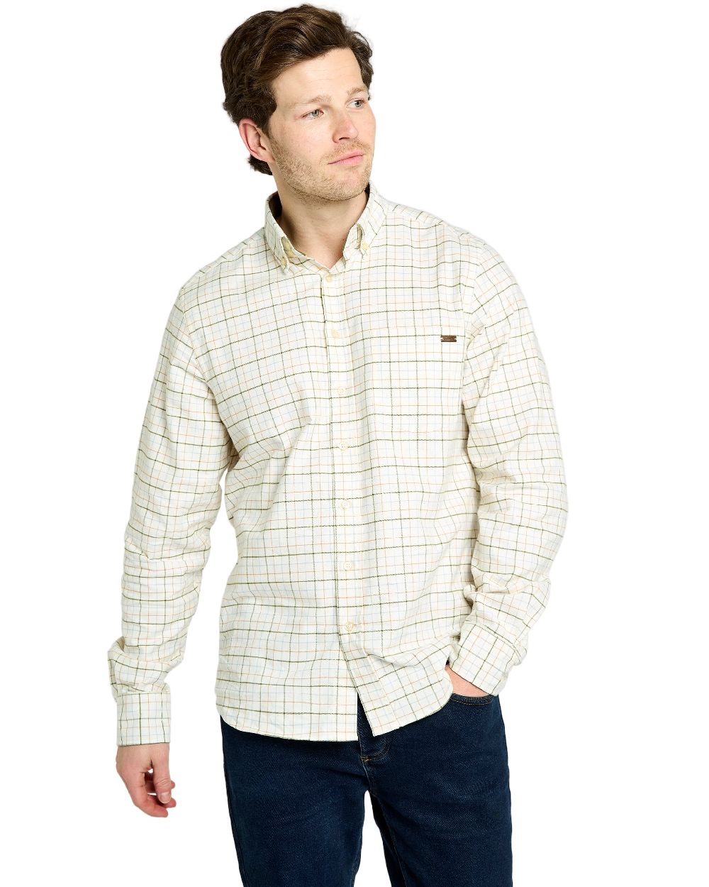 Dusky Green Coloured Dubarry Mens Drumcar Tattersall Check Shirt on white background 