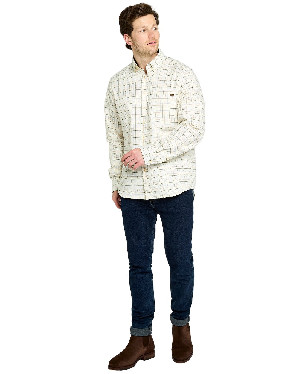 Dusky Green Coloured Dubarry Mens Drumcar Tattersall Check Shirt on white background 