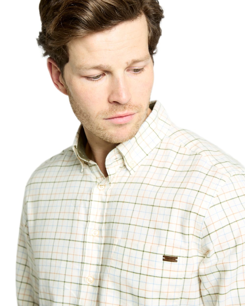 Dusky Green Coloured Dubarry Mens Drumcar Tattersall Check Shirt on white background 