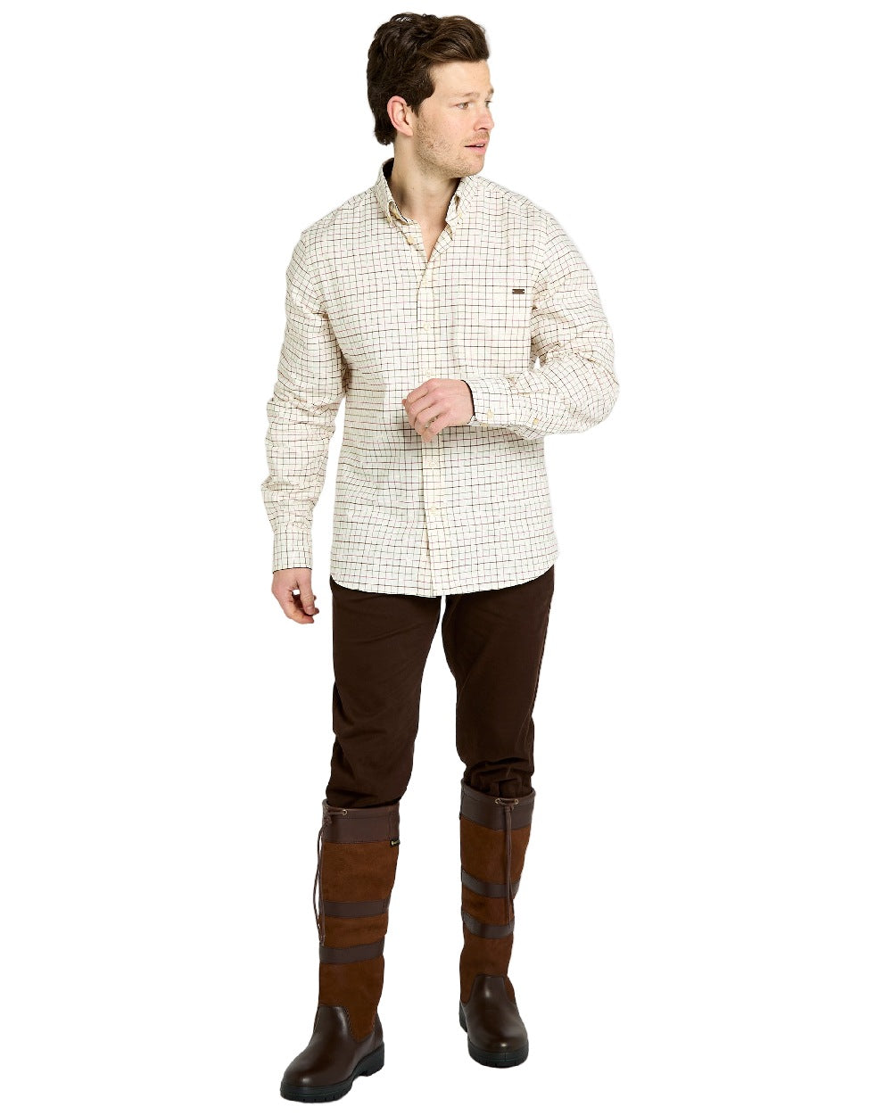 Elk Coloured Dubarry Mens Drumcar Tattersall Check Shirt on white background 
