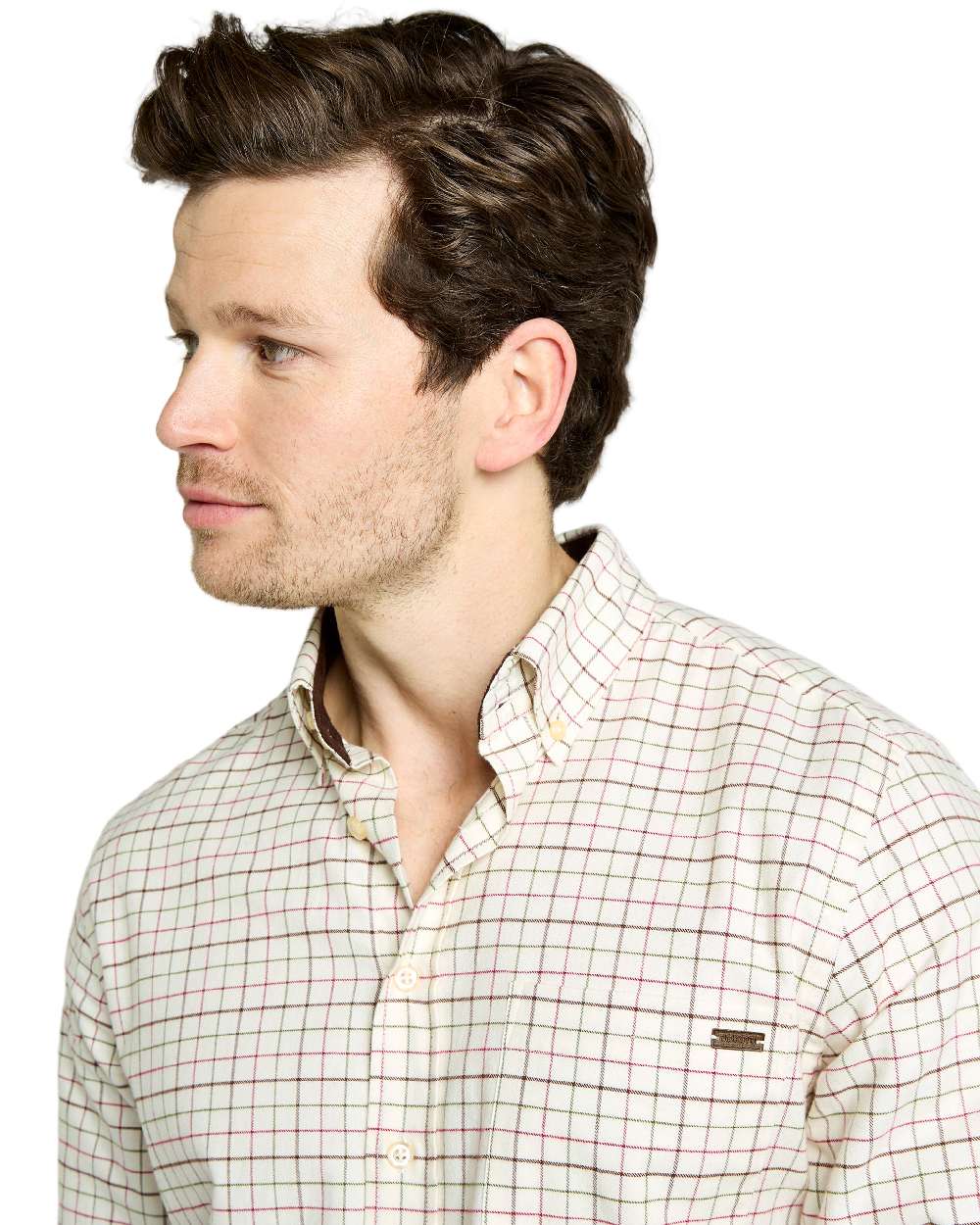 Elk Coloured Dubarry Mens Drumcar Tattersall Check Shirt on white background 
