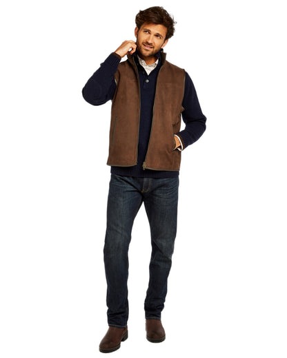 Walnut coloured Dubarry Mens Dunhill Leather Gilet on white background 