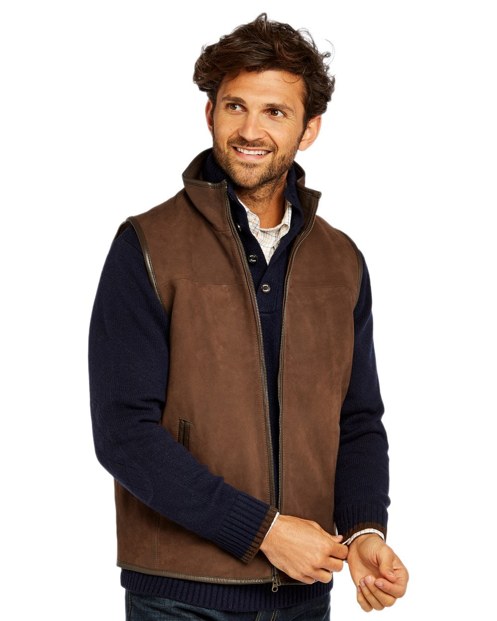 Walnut coloured Dubarry Mens Dunhill Leather Gilet on white background 