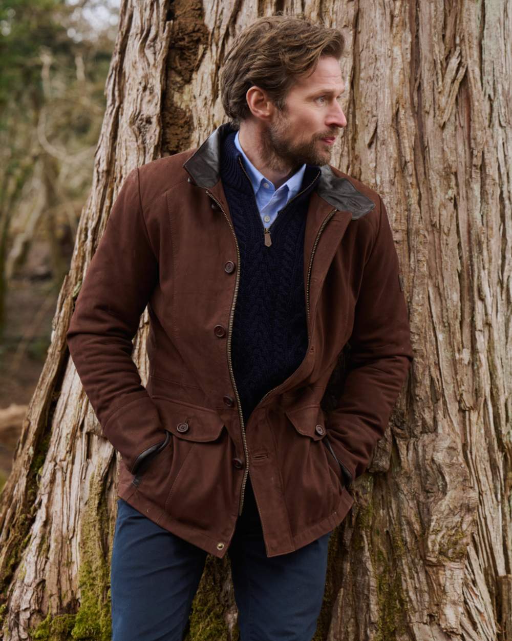 Walnut coloured Dubarry Mens Moore Leather Jacket on forest background 