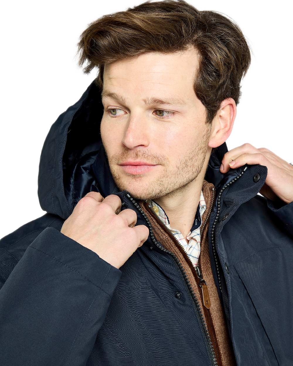 Navy Coloured Dubarry Mens Swiftsheath Waterproof Hooded Down Parka on outdoor background 