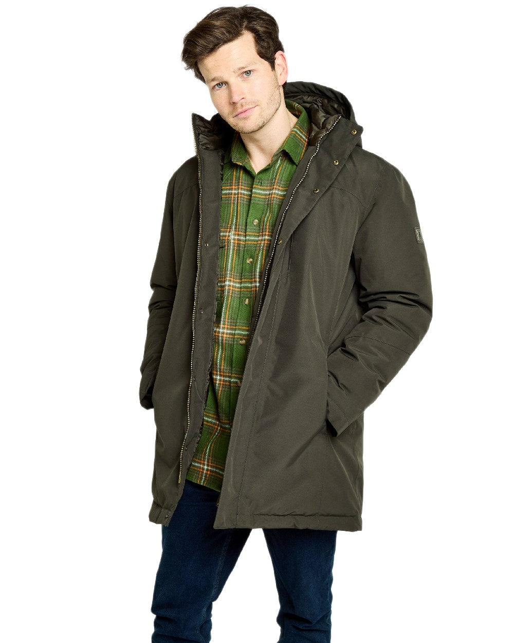 Olive Coloured Dubarry Mens Swiftsheath Waterproof Hooded Down Parka on outdoor background 