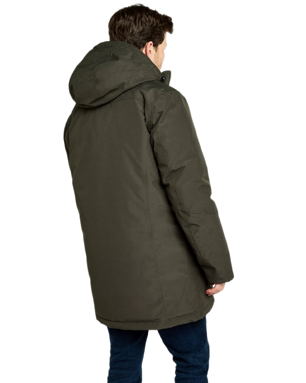 Olive Coloured Dubarry Mens Swiftsheath Waterproof Hooded Down Parka on outdoor background 