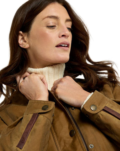 Ochre coloured Dubarry Mountrath Waxed Jacket on white background 