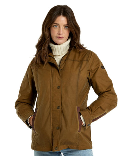 Ochre coloured Dubarry Mountrath Waxed Jacket on white background 