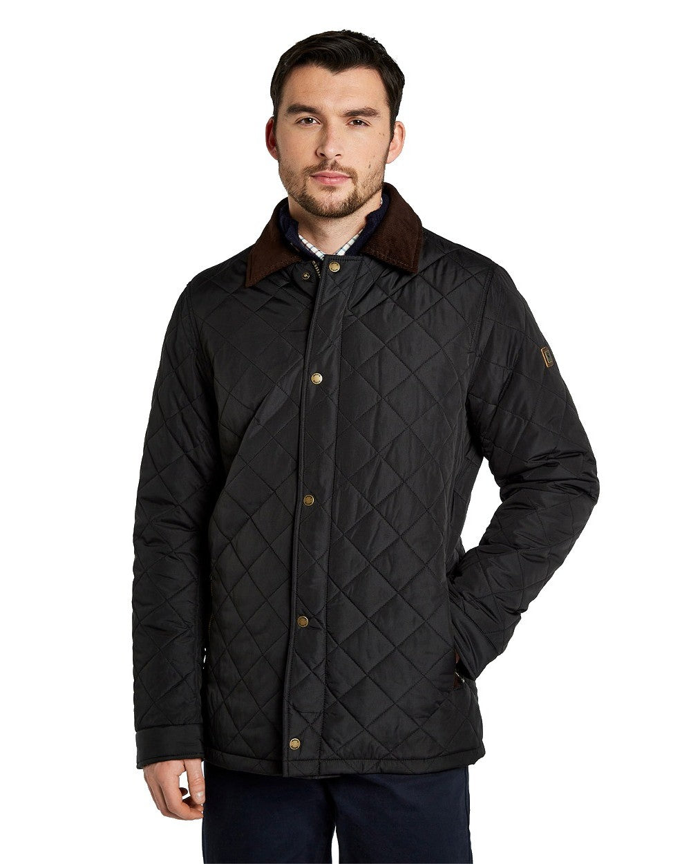 Black coloured Dubarry Mountusher Quilted Jacket on white background 