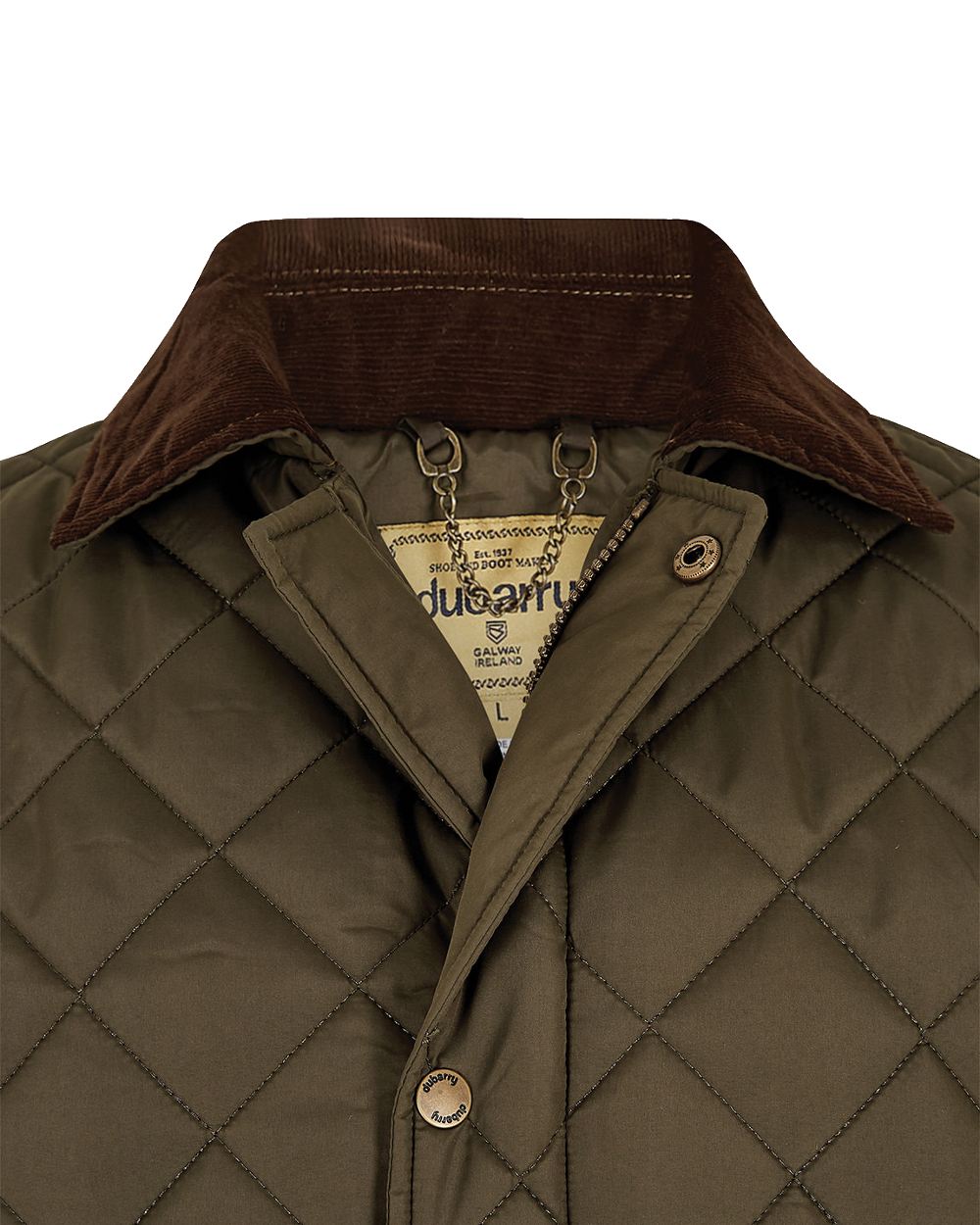 Olive coloured Dubarry Mountusher Quilted Jacket on white background 