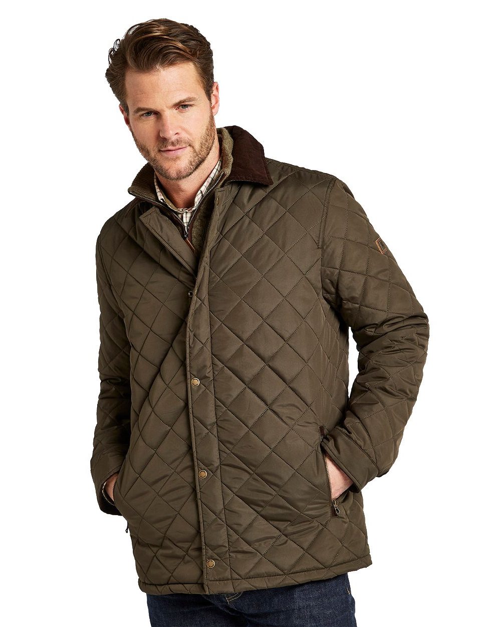 Olive coloured Dubarry Mountusher Quilted Jacket on white background 