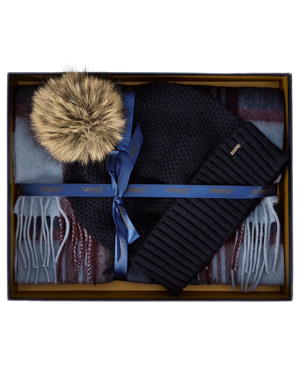 Navy coloured Dubarry Newbawn Hat And Scarf Gift Set on white background 
