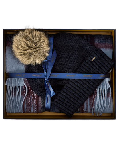 Navy coloured Dubarry Newbawn Hat And Scarf Gift Set on white background 