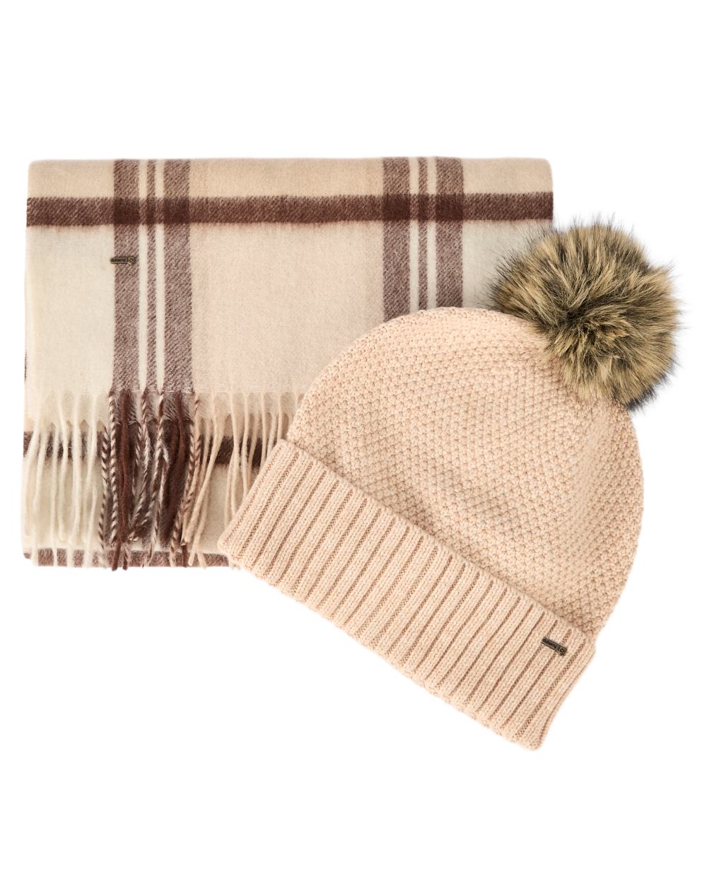 Oat coloured Dubarry Newbawn Hat And Scarf Gift Set on white background 