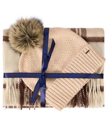 Oat coloured Dubarry Newbawn Hat And Scarf Gift Set on white background 