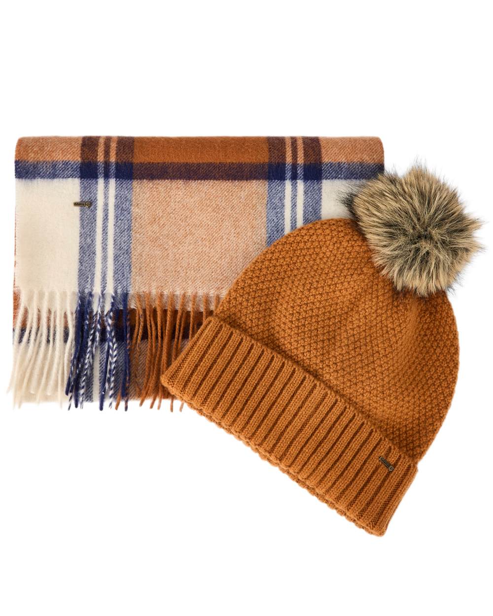 Ochre coloured Dubarry Newbawn Hat And Scarf Gift Set on white background 