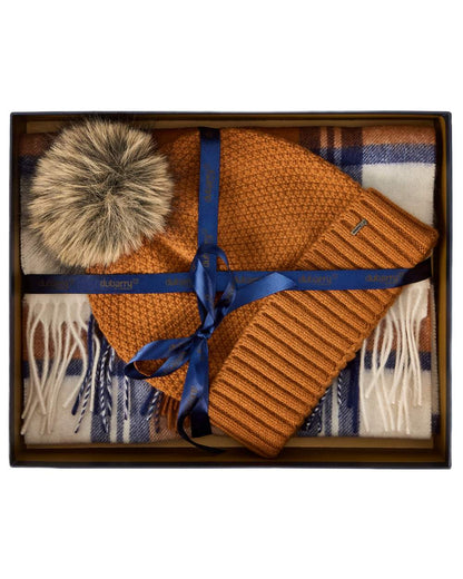 Ochre coloured Dubarry Newbawn Hat And Scarf Gift Set on white background 
