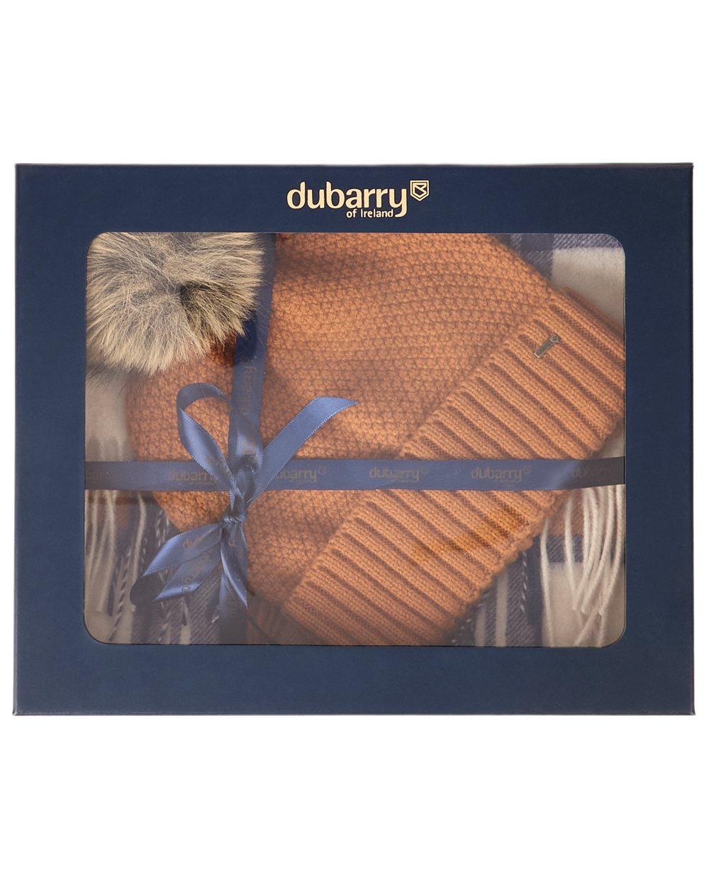 Ochre coloured Dubarry Newbawn Hat And Scarf Gift Set on white background 